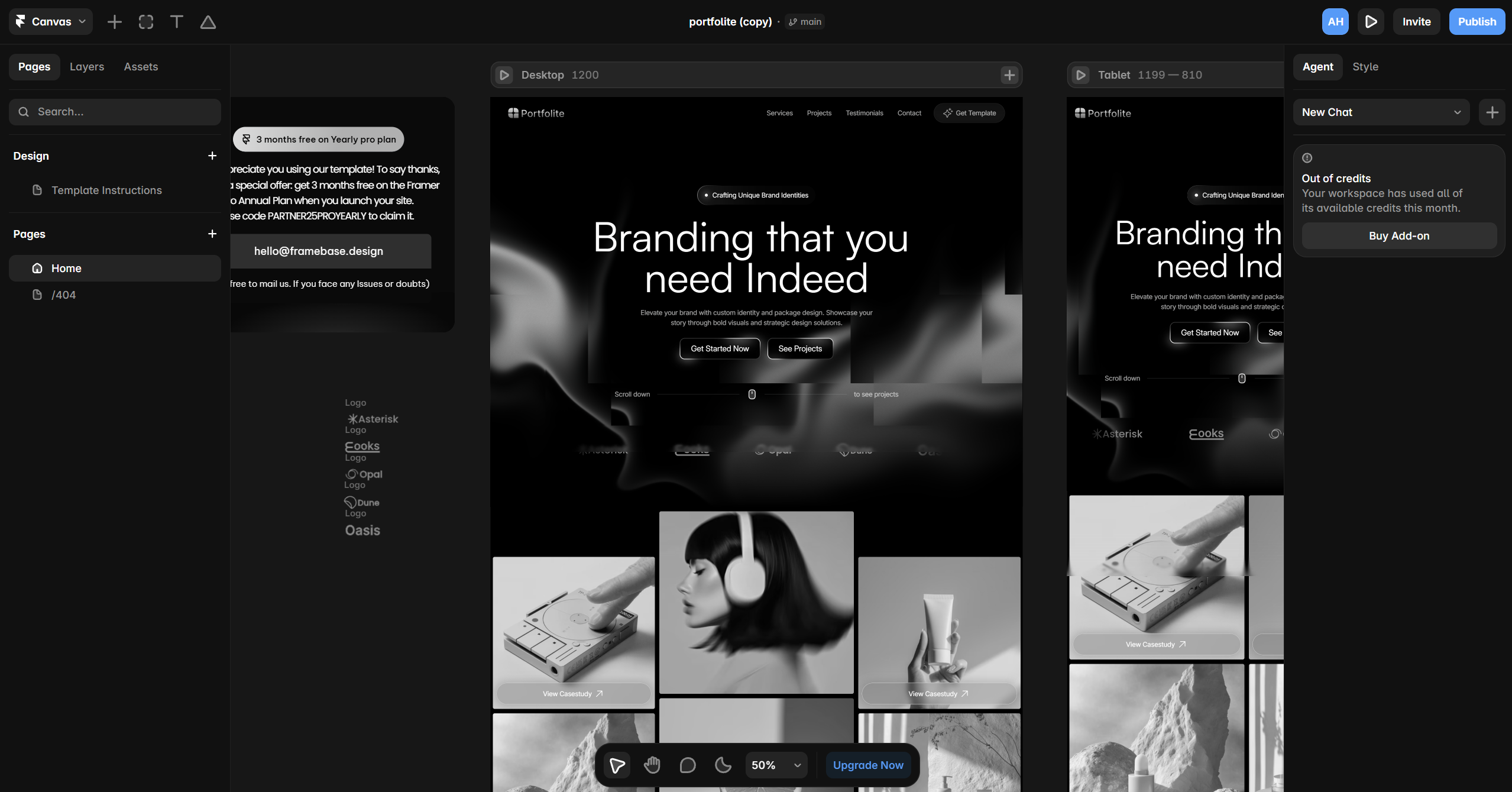 A portfolio generated in Framer's editor, shown across breakpoints.